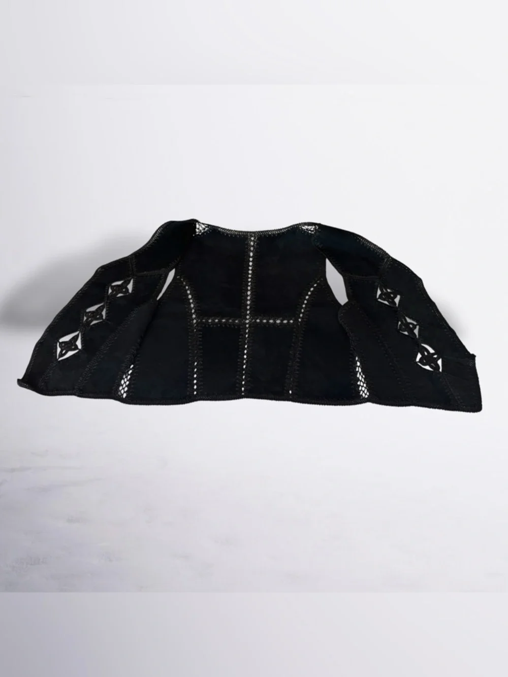Vintage Black Genuine Leather Suede & Crochet Patchwork Women's Vest - Picture 6 of 7